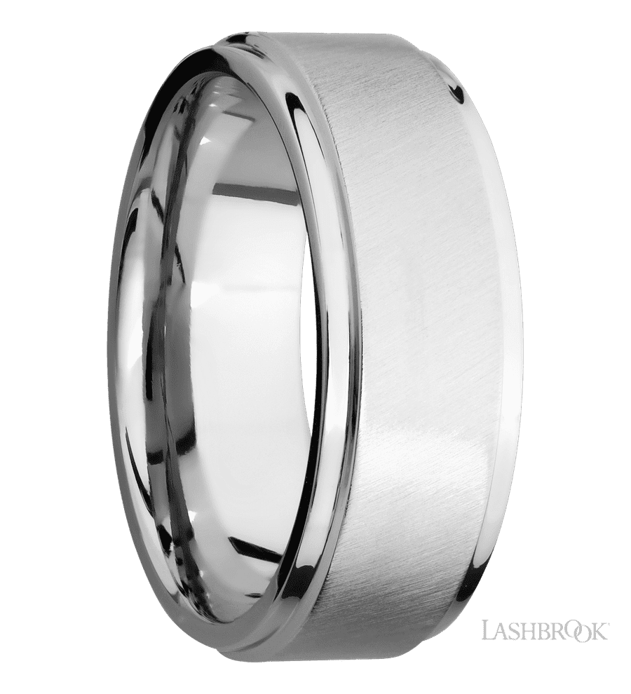 8 mm wide Flat Grooved Edges 14K White Gold band.
