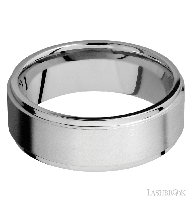 8 mm wide Flat Grooved Edges 14K White Gold band.