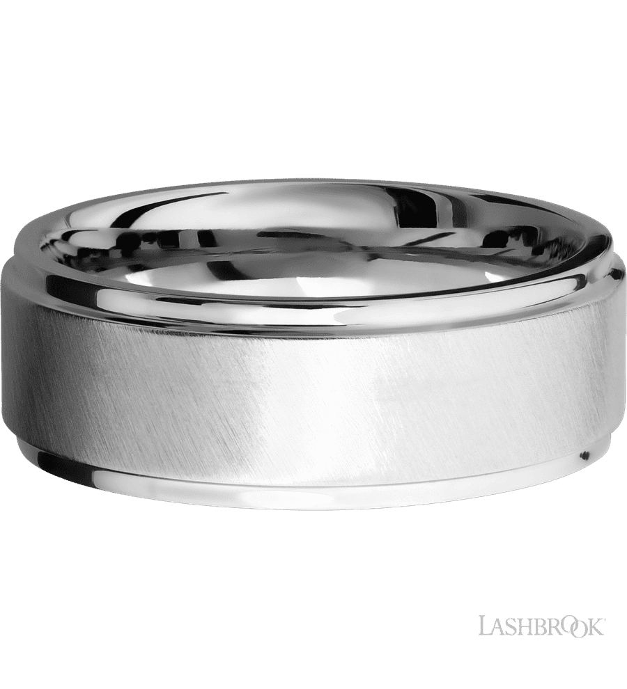 8 mm wide Flat Grooved Edges 14K White Gold band.