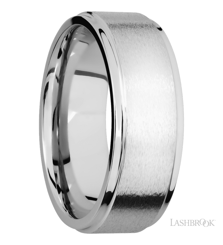8 mm wide Flat Grooved Edges 14K White Gold band.