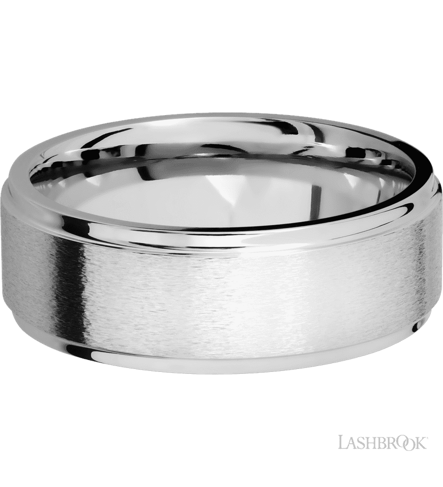 8 mm wide Flat Grooved Edges 14K White Gold band.