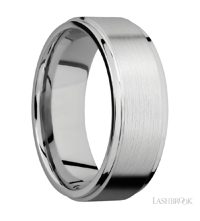8 mm wide Flat Grooved Edges 14K White Gold band.