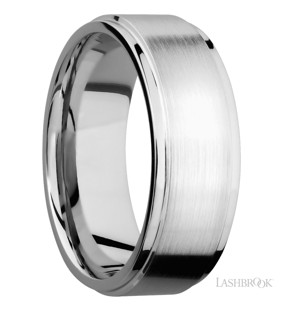 8 mm wide Flat Grooved Edges 14K White Gold band.