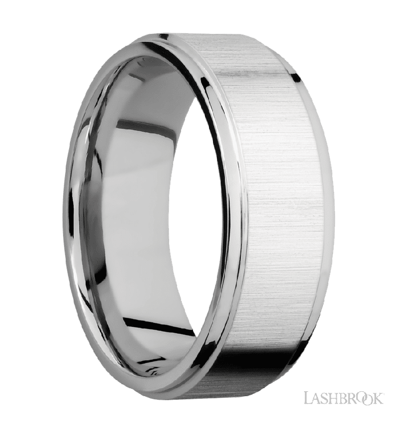 8 mm wide Flat Grooved Edges 14K White Gold band.
