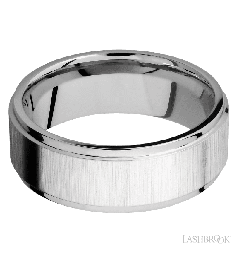 8 mm wide Flat Grooved Edges 14K White Gold band.