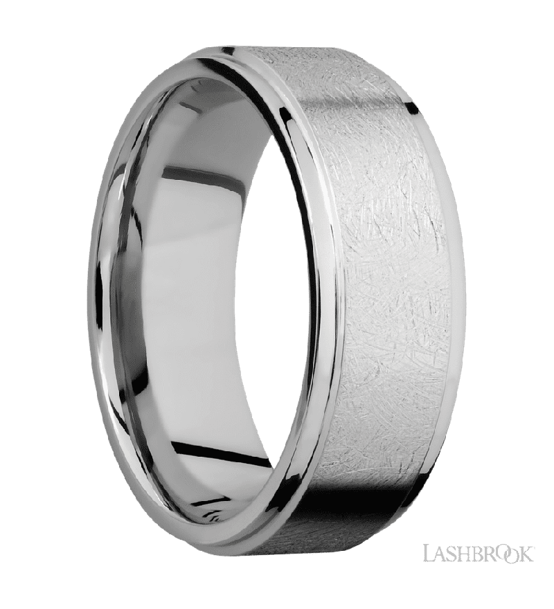 8 mm wide Flat Grooved Edges 14K White Gold band.