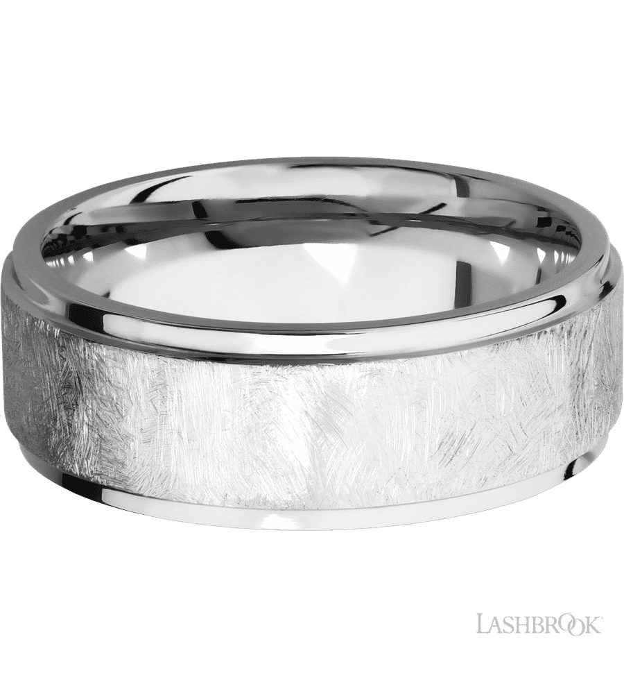 8 mm wide Flat Grooved Edges 14K White Gold band.