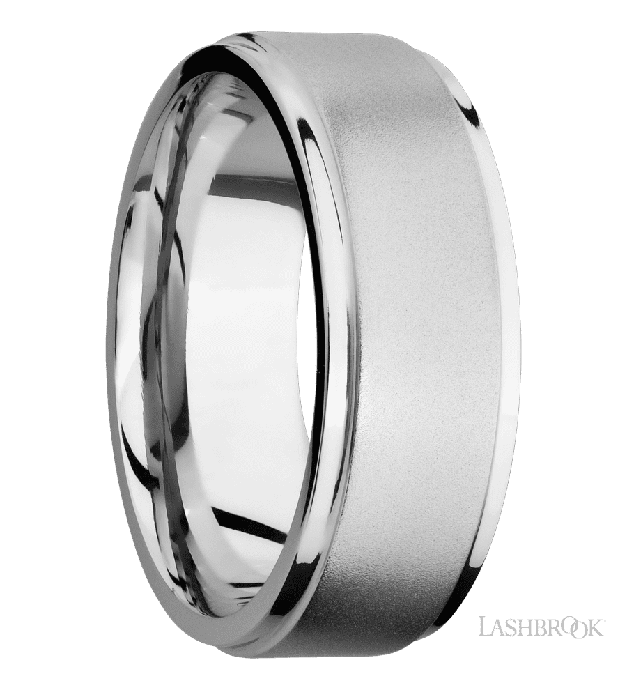 8 mm wide Flat Grooved Edges 14K White Gold band.