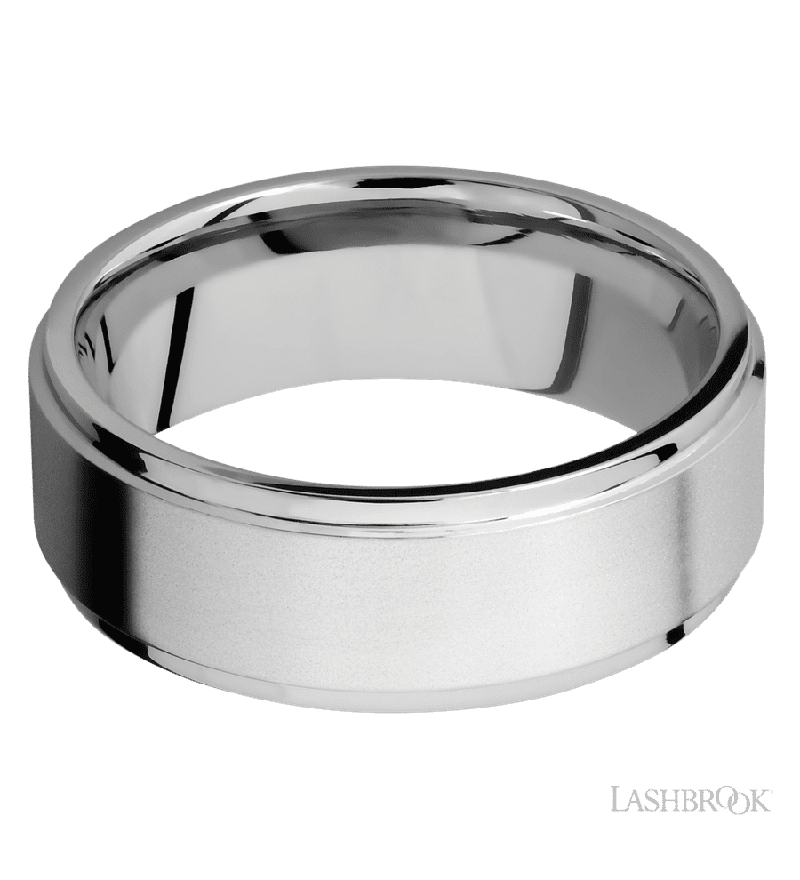 8 mm wide Flat Grooved Edges 14K White Gold band.