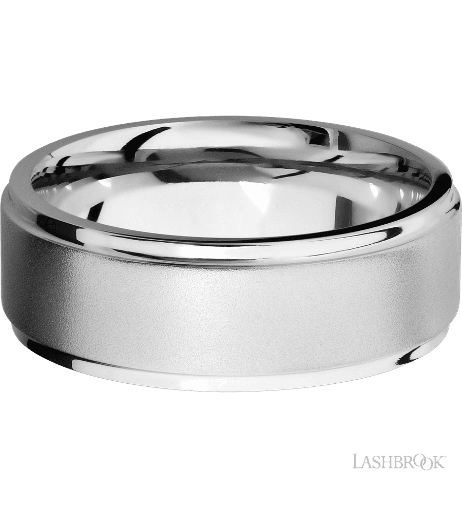 8 mm wide Flat Grooved Edges 14K White Gold band.