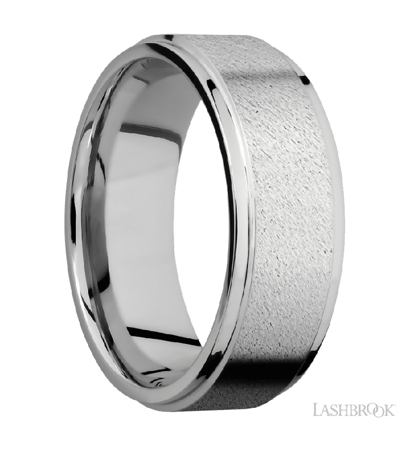 8 mm wide Flat Grooved Edges 14K White Gold band.
