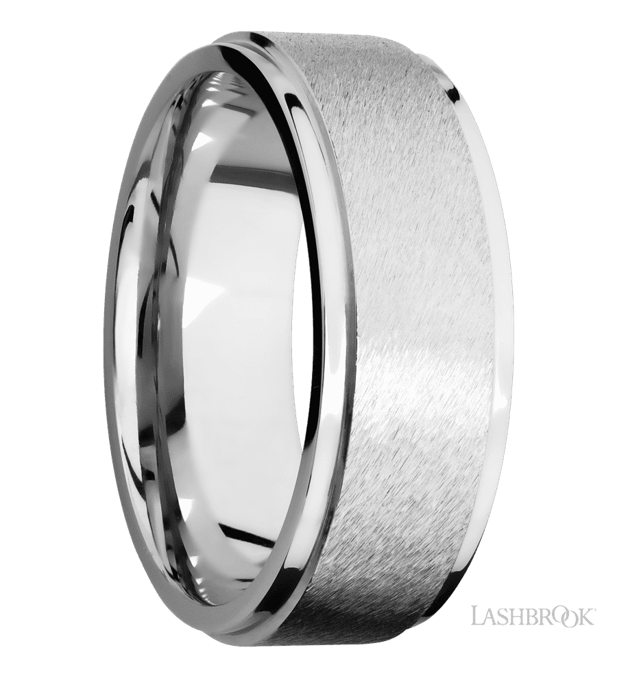 8 mm wide Flat Grooved Edges 14K White Gold band.