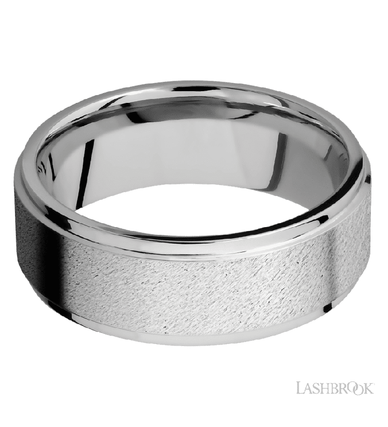 8 mm wide Flat Grooved Edges 14K White Gold band.