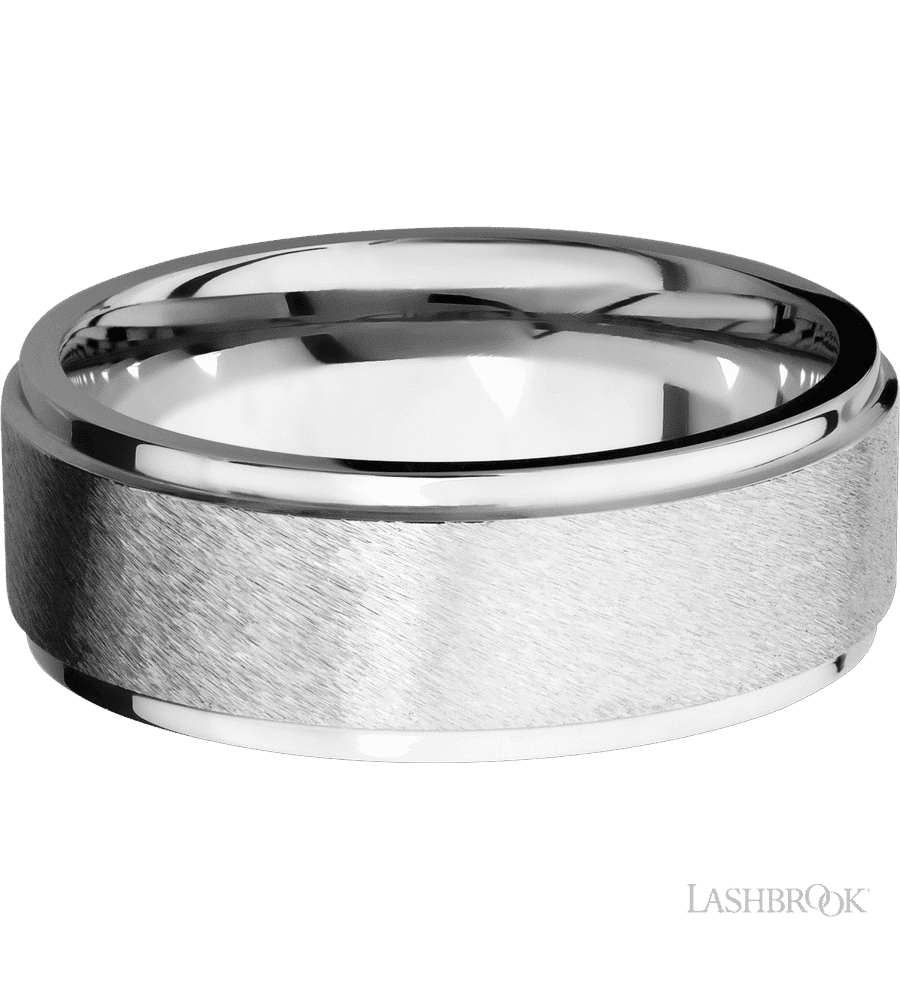 8 mm wide Flat Grooved Edges 14K White Gold band.