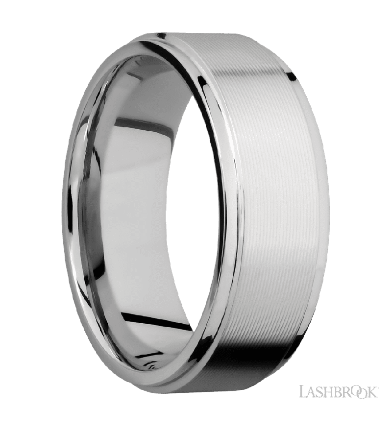 8 mm wide Flat Grooved Edges 14K White Gold band.