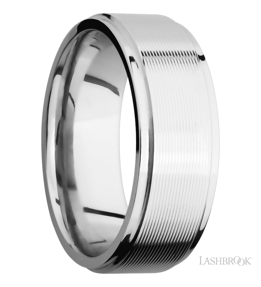 8 mm wide Flat Grooved Edges 14K White Gold band.