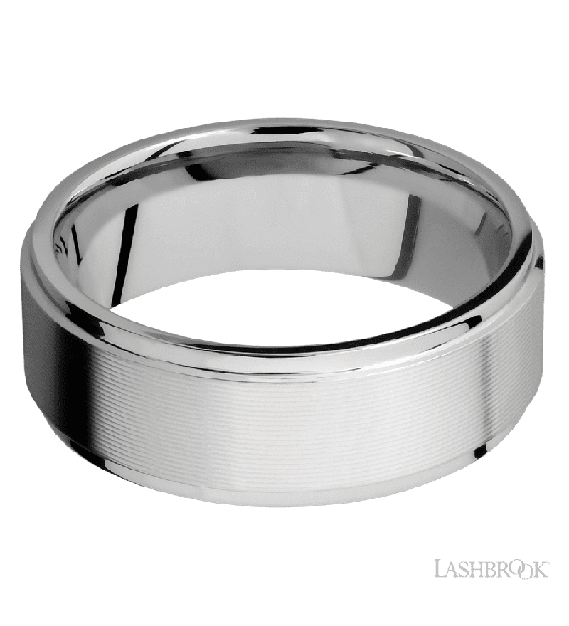 8 mm wide Flat Grooved Edges 14K White Gold band.