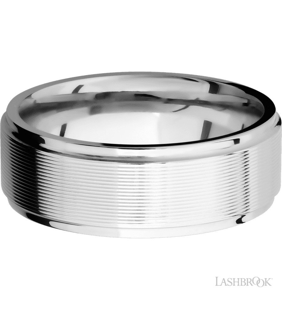 8 mm wide Flat Grooved Edges 14K White Gold band.