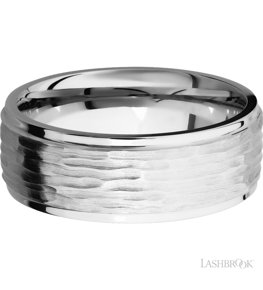 8 mm wide Flat Grooved Edges 14K White Gold band.