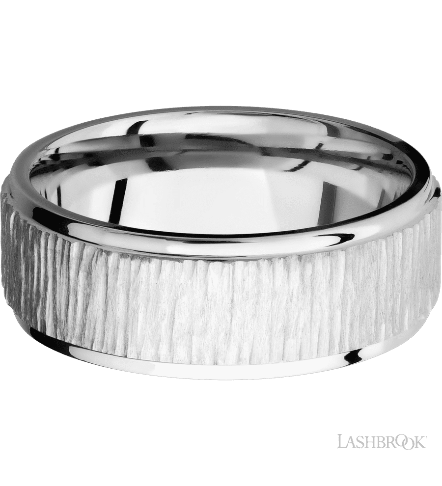 8 mm wide Flat Grooved Edges 14K White Gold band.