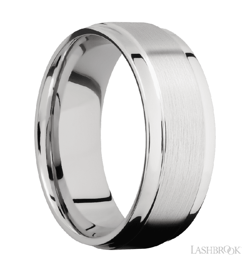 8 mm wide Flat Wide Grooved Edges 14K White Gold band.