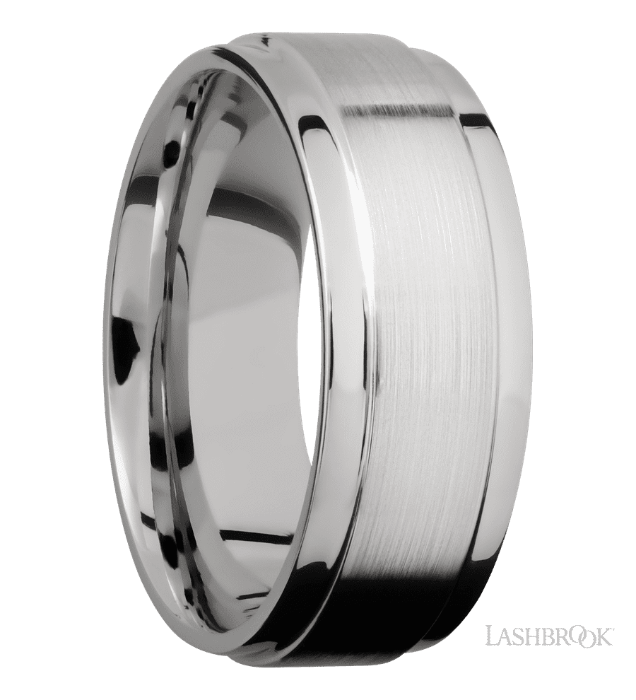 8 mm wide Flat Wide Grooved Edges 14K White Gold band.