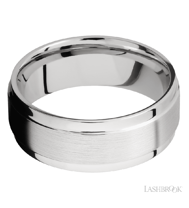 8 mm wide Flat Wide Grooved Edges 14K White Gold band.