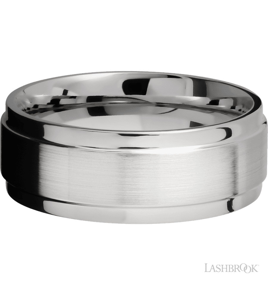 8 mm wide Flat Wide Grooved Edges 14K White Gold band.