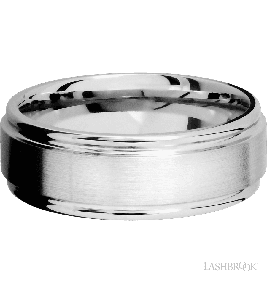 8 mm wide Flat Rounded Edges 14K White Gold band.