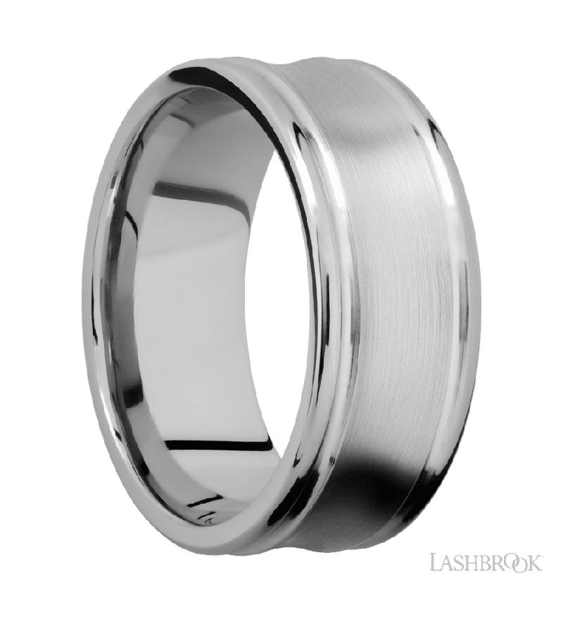 9 mm wide Concaved Center Round Edges 14K White Gold band.