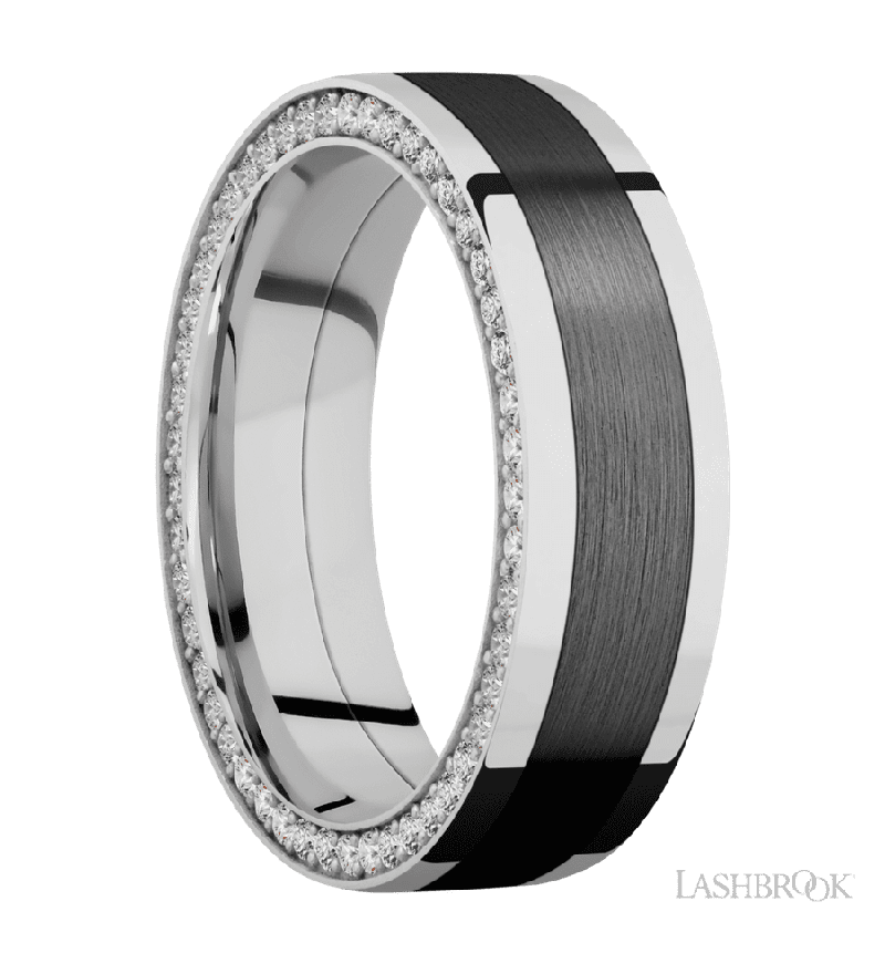7 mm wide/Flat/14K White Gold band with  one 4 mm Centered inlay of Zirconium and featuring a Side Eternity arrangement of .01 carat Round Diamond stones in a Bead Channel setting