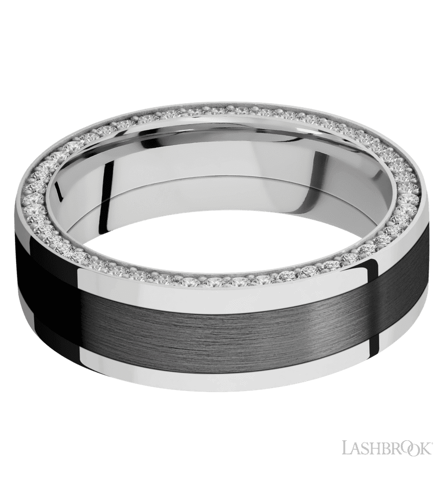 7 mm wide/Flat/14K White Gold band with  one 4 mm Centered inlay of Zirconium and featuring a Side Eternity arrangement of .01 carat Round Diamond stones in a Bead Channel setting