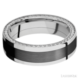 7 mm wide/Flat/14K White Gold band with  one 4 mm Centered inlay of Zirconium and featuring a Side Eternity arrangement of .01 carat Round Diamond stones in a Bead Channel setting