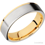 6 mm wide/Flat/14K Yellow Gold band with one 5 mm Off Center Edge inlay of Cobalt Chrome.
