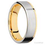 6 mm wide/Flat/14K Yellow Gold band with one 5 mm Off Center Edge inlay of Cobalt Chrome.
