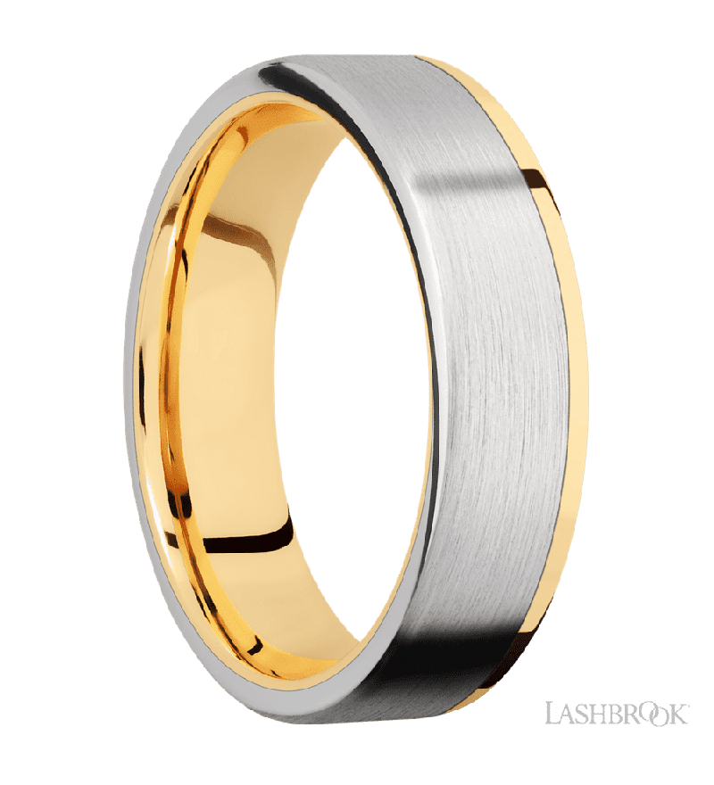 6 mm wide/Flat/14K Yellow Gold band with one 5 mm Off Center Edge inlay of Cobalt Chrome.