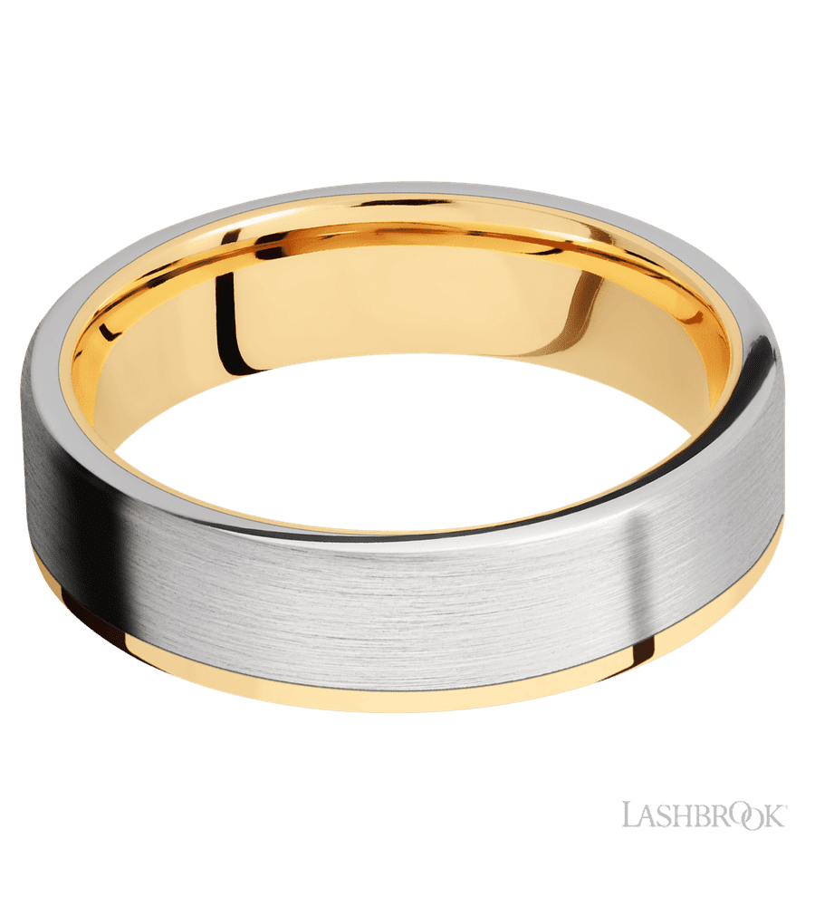 6 mm wide/Flat/14K Yellow Gold band with one 5 mm Off Center Edge inlay of Cobalt Chrome.