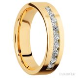 6 mm wide/Flat/14K Yellow Gold band with an  arrangement of 9, .07 carat Round Diamond stones in a Channel setting.