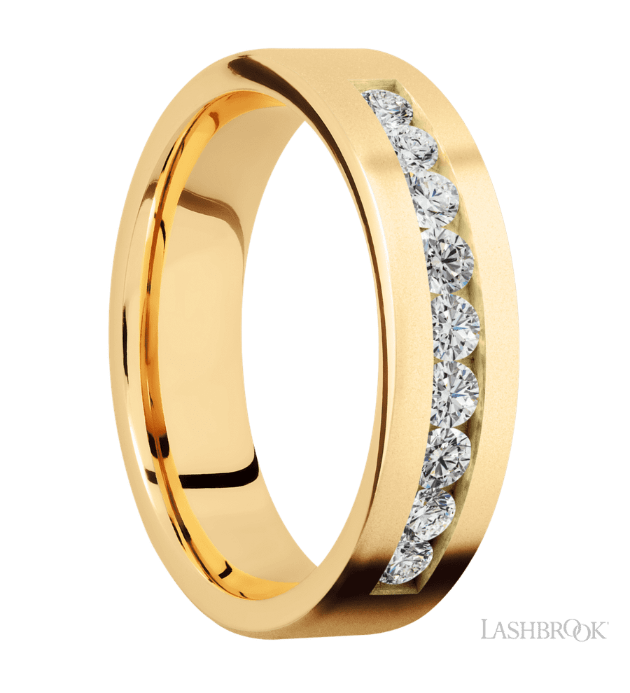 6 mm wide/Flat/14K Yellow Gold band with an  arrangement of 9, .07 carat Round Diamond stones in a Channel setting.