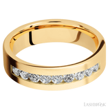 6 mm wide/Flat/14K Yellow Gold band with an  arrangement of 9, .07 carat Round Diamond stones in a Channel setting.