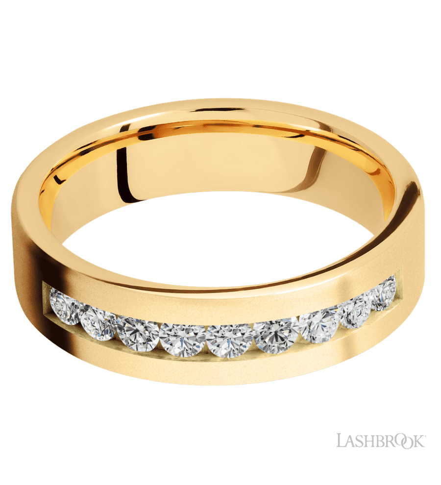 6 mm wide/Flat/14K Yellow Gold band with an  arrangement of 9, .07 carat Round Diamond stones in a Channel setting.