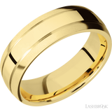 7 mm wide Domed with two accent grooves 14K Yellow Gold band.