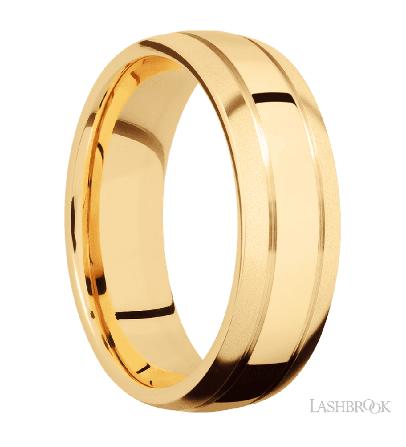 7 mm wide Domed with two accent grooves 14K Yellow Gold band.