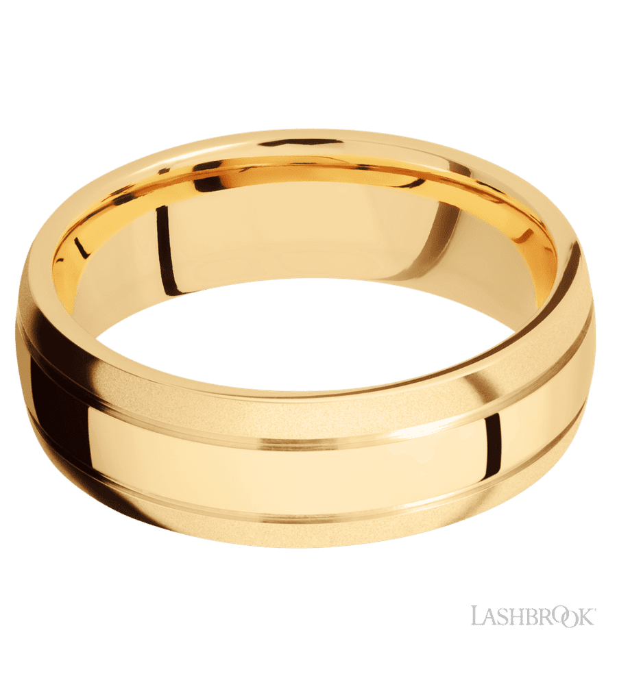 7 mm wide Domed with two accent grooves 14K Yellow Gold band.