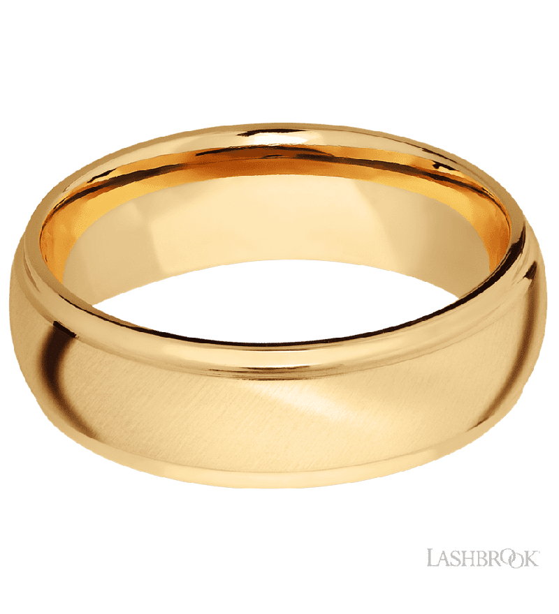 7 mm wide Domed Stepped Down Edges 14K Yellow Gold band.