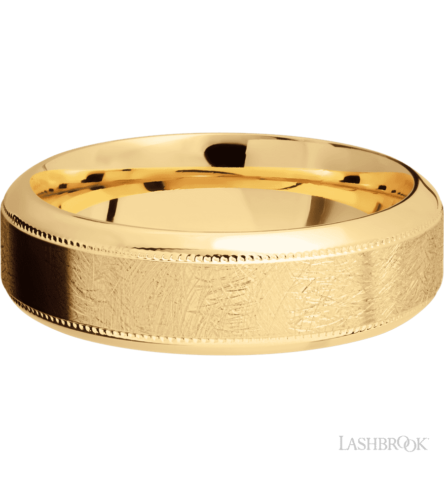 7 mm wide High Bevel Milgrain 14K Yellow Gold band.
