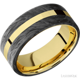 8 mm wide/Flat/14K Yellow Gold band with two 3 mm Double Off Center Edge inlays of Forged Carbon Fiber.