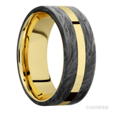 8 mm wide/Flat/14K Yellow Gold band with two 3 mm Double Off Center Edge inlays of Forged Carbon Fiber.