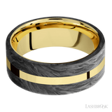 8 mm wide/Flat/14K Yellow Gold band with two 3 mm Double Off Center Edge inlays of Forged Carbon Fiber.