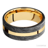 8 mm wide/Flat/14K Yellow Gold band with two 3 mm Double Off Center Edge inlays of Forged Carbon Fiber.